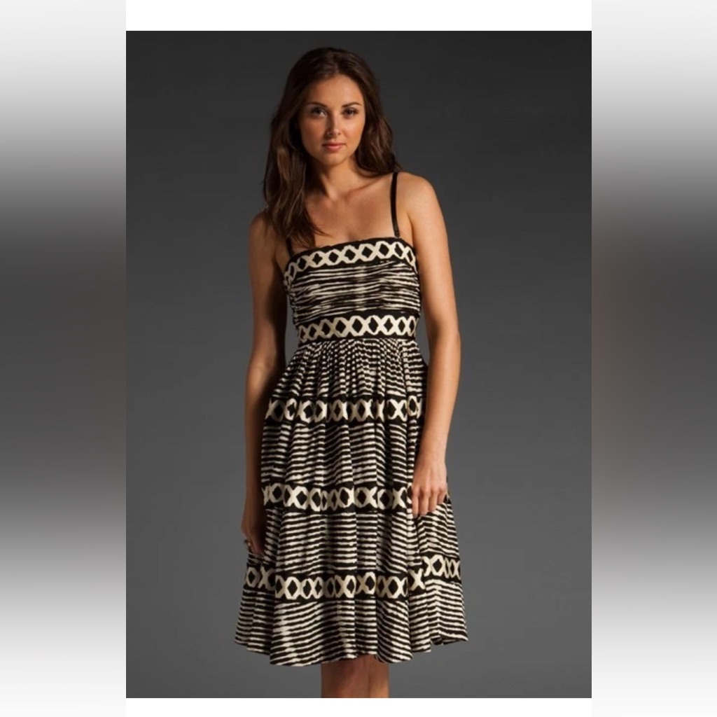 Tracy Reese Black & Cream S Lattice Ring Spaghetti Strap/Strapless Midi Dress